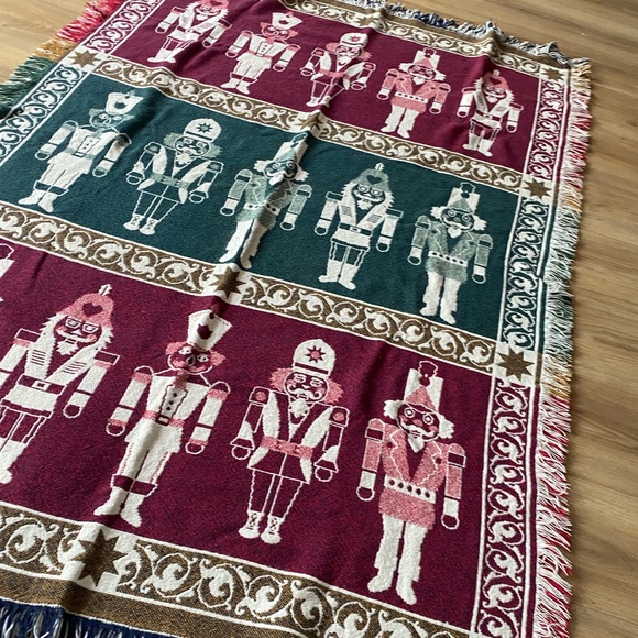 Vintage Woven Afghan Reversible Toy Soldier Nutcracker Throw Blanket 66” x 45” - Picture 2 of 6